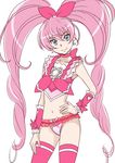  adapted_costume bakusai blue_eyes bow bow_panties choker cure_melody earrings eyelashes frilled_panties frilled_shirt frills hair_ornament hair_ribbon half_updo happy houjou_hibiki jewelry long_hair looking_at_viewer magical_girl midriff navel no_pants panties pink_bow pink_choker pink_hair pink_panties precure ribbon shirt simple_background smile solo standing suite_precure thighhighs thighs twintails underwear white_background wrist_cuffs 
