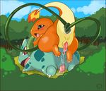  2014 3_toes all_fours anal anal_insertion anal_penetration anime anus barefoot blue_eyes blush bulbasaur bush charmander claws cloud cum cum_in_ass cum_inside cum_on_ground cum_on_penis detailed_background erection fangs feral feral_on_feral fire flora_fauna gay grass half-closed_eyes harumi insertion looking_back lying male nintendo nude on_stomach open_mouth outside penetration penis pok&eacute;mon red_eyes reptile scalie sex sharp_teeth smile teeth tongue tongue_out tree video_games vines 