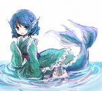  :d blue_eyes blue_hair frilled_kimono frills furorida head_fins japanese_clothes kimono mermaid monster_girl obi open_mouth sash short_hair sleeves_past_wrists smile touhou wakasagihime wide_sleeves 