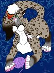  abstract_background anthro ball_of_yarn breasts claws digital_art feline female frozen_over fur green_eyes hair leopard mammal nipples paws snow_leopard solo taur toes white_hair yarn 