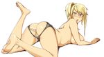  1girl anal anal_insertion anal_object_insertion anus ass ass_cutout backless_panties barefoot blonde_hair blue_eyes breasts corn_syrup large_breasts looking_back metroid object_insertion open_mouth panties popsicle_stick pussy pussy_peek samus_aran simple_background solo topless uncensored underwear white_background 