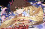  .live 1girl armpits bare_shoulders blonde_hair blurry bokeh braid breasts cherry_blossoms chibirisu cleavage collarbone commentary depth_of_field detached_sleeves eyebrows_behind_hair green_eyes hair_ribbon japanese_clothes kongou_iroha large_breasts long_hair looking_at_viewer motion_blur oomori_(kswmr) parted_lips red_ribbon ribbon solo twintails virtual_youtuber 