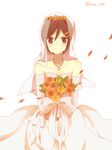  bouquet bridal_veil bride dress elbow_gloves flower gloves hair_ornament hairclip highres jewelry kagerou_project kiichigo_(k-15) looking_at_viewer necklace petals solo tateyama_ayano veil wedding_dress 