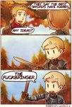 1girl 3koma a_song_of_ice_and_fire armor brienne_of_tarth comic commentary english game_of_thrones gloves jaime_lannister kataro profanity reverse_trap sword weapon 