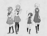  black_hair bob_cut glasses greyscale hana-kagume height_difference kakura_kurumi kiyosumi_school_uniform kneehighs kosegawa_shiromi loafers miyamori_school_uniform monochrome multiple_girls pleated_skirt ribbon saki school_uniform serafuku shoes short_hair short_sleeves simple_background skirt smile someya_mako takei_hisa vest waving 