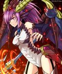  chisa dragon_wings elbow_gloves gloves horns leotard long_hair ponytail purple_eyes purple_hair purple_wings puzzle_&amp;_dragons solo sonia_(p&amp;d) wings 