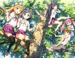  4girls :d absurdres azuki_azusa barefoot black_hair black_legwear blonde_hair blue_eyes brown_hair carrying dress emanuella_porlallora green_eyes hentai_ouji_to_warawanai_neko. highres huge_filesize in_tree kantoku legs multiple_girls navel necktie open_mouth pink_hair plaid plaid_skirt ponytail scan school_uniform short_sleeves shoulder_carry sitting sitting_in_tree sitting_on_shoulder skirt sleeveless sleeveless_dress smile thighhighs tree tsutsukakushi_tsukiko tsutsukakushi_tsukushi twintails yokodera_youto 