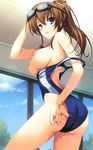  absurdres adjusting_clothes adjusting_swimsuit ass blue_eyes breasts brown_hair competition_swimsuit goggles goggles_on_head highres large_breasts nipples one-piece_swimsuit ponytail school_swimsuit solo swimsuit swimsuit_pull tomose_shunsaku wardrobe_malfunction 