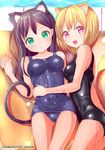  :d :o animal_ears arm_around_waist artist_name bare_shoulders black_hair black_swimsuit blonde_hair blue_swimsuit cat_ears cat_tail collarbone dada_(esoragoto) green_eyes long_hair looking_at_viewer lying multiple_girls on_back one-piece_swimsuit open_mouth original pink_eyes pool school_swimsuit short_hair smile swimsuit tail wet wet_clothes wet_swimsuit 