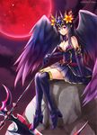  bare_shoulders black_dress boots chisa dress elbow_gloves full_moon gloves long_hair moon persephone_(p&amp;d) pointy_ears purple_eyes puzzle_&amp;_dragons red_moon scythe sitting_on_rock solo strapless strapless_dress thigh_boots thighhighs tiara wings 