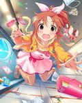  abe_nana artist_request backpack bag blue_sky blush bookbag bow breasts brown_eyes brown_hair cellphone cellphone_charm cellphone_strap coat dress hair_bow idolmaster idolmaster_cinderella_girls jpeg_artifacts medium_breasts nail_polish_bottle official_art open_mouth orange_legwear paper peanut phone pink_bow pink_dress pink_ribbon plaid ponytail ribbon sash shoes short_hair sky sneakers solo thighhighs window zero_gravity 