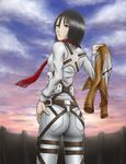  artist_request ass breasts brown_eyes brown_hair denim jacket jeans looking_back looking_over_shoulder mikasa_ackerman open_mouth pants scarf shingeki_no_kyojin short_hair sideboob solo thigh_strap 