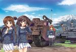  akiyama_yukari anglerfish black_eyes black_hair black_legwear blush boots brown_eyes brown_hair caterpillar_tracks cloud day emblem girls_und_panzer ground_vehicle holding_hands hoshino_(girls_und_panzer) isuzu_hana jacket long_hair long_sleeves looking_at_viewer military military_uniform military_vehicle miniskirt motor_vehicle mountain multiple_girls nakajima_(girls_und_panzer) nishizumi_miho ooarai_(emblem) ooarai_military_uniform orange_eyes orange_hair outdoors panzerkampfwagen_iv pleated_skirt reizei_mako saitaniya_ryouichi short_hair sitting skirt sky smile standing takebe_saori tank thighhighs tiger_(p) uniform white_skirt yuri zettai_ryouiki 