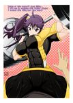  araragi_karen bakemonogatari barbell black_eyes comic engrish hair_ornament highres monogatari_(series) muscle purple_hair ranguage ren_(tainca2000) solo spandex weightlifting 