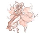 barefoot dress fox_tail full_body hat highres kuro_suto_sukii long_sleeves looking_at_viewer monochrome multiple_tails pillow_hat simple_background sketch smile solo tabard tail touhou white_background white_dress wide_sleeves yakumo_ran 