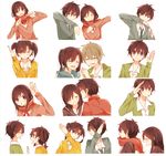  2girls black_hair blush brown_hair closed_eyes enomoto_takane fringe_trim hair_between_eyes hair_kiss hair_ornament hairclip happy heart heart_trace hood hoodie kagerou_project kiichigo_(k-15) kisaragi_shintarou kokonose_haruka long_hair multiple_boys multiple_girls one_eye_closed pose red_scarf scarf school_uniform serafuku short_hair smile tateyama_ayano twintails 