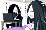  black_hair blanket closed_eyes comic computer drooling hair_over_one_eye ka-class_submarine kantai_collection kei-suwabe laptop long_hair multiple_girls pale_skin shinkaisei-kan translated under_covers waking_up yo-class_submarine 