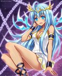  ahoge andromeda_(p&amp;d) bare_shoulders blue_eyes blue_hair bracelet breasts chain chisa cleavage dress jewelry long_hair looking_at_viewer medium_breasts open_mouth puzzle_&amp;_dragons smile solo tiara white_dress 