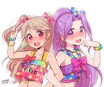  aikatsu! aikatsu!_(series) artist_name blonde_hair blush bow bracelet dated earrings hair_bow jewelry kanya_pyi kanzaki_mizuki locked_arms long_hair midriff multiple_girls natsuki_mikuru navel necklace nose_blush open_mouth petite ponytail purple_eyes purple_hair red_eyes signature smile sparkle sweat two_side_up v white_background 