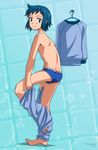  blue_eyes blue_hair dressing full_body gundam gundam_build_fighters highres iori_sei male_focus pajamas smile solo torajimaneko 