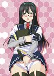  ayato blush clothed_masturbation glasses hairband highres honeycomb_(pattern) honeycomb_background kantai_collection long_hair masturbation masturbation_through_clothing necktie ooyodo_(kantai_collection) panties pen quill school_uniform serafuku skirt solo thighhighs underwear white_panties 