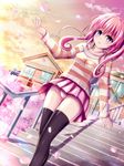  blush cherry_blossoms highres house long_hair nana_asta_deviluke outdoors panties pink_eyes pink_hair pink_panties skirt sky solo stairs sweater thighhighs to_love-ru twintails underwear wind wind_lift xyomouse 