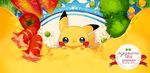  broccoli corn egg food gen_1_pokemon in_container in_food looking_at_viewer lying no_humans omelet on_back oversized_object pikachu plate pokemon pokemon_(creature) rice solo tako-san_wiener tomato welchino 
