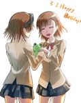  blazer brown_hair closed_eyes dk_(13855103534) gekota happy_birthday head_mounted_display highres jacket misaka_imouto misaka_mikoto multiple_girls plaid plaid_skirt pleated_skirt school_uniform short_hair skirt to_aru_kagaku_no_railgun to_aru_majutsu_no_index 