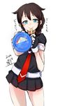  2014 artist_name black_hair blue_eyes blurry braid dated depth_of_field fingerless_gloves food gloves hair_ornament hair_over_shoulder highres ice_cream ice_cream_spoon kantai_collection long_hair looking_at_viewer momo_(higanbana_and_girl) pleated_skirt school_uniform serafuku shigure_(kantai_collection) short_sleeves signature simple_background single_braid skirt solo spoon translated white_background 