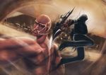  alex_mercer battle blade city cityscape claws colossal_titan crossover duel exposed_muscle giant hood hooded_jacket hoodie jacket lemoo monster muscle prototype_(game) shingeki_no_kyojin 