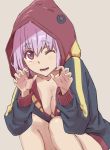  1girl ;d alternate_costume breasts claw_pose cleavage highres hood hooded_jacket jacket large_breasts lavender_background lavender_hair looking_at_viewer metron_seijin one_eye_closed open_mouth purple_eyes shinjou_akane short_hair simple_background smile solo squatting ssss.gridman ultra_series ultraman_(1st_series) yamanori_(yamanori56) 