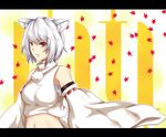  animal_ears autumn_leaves bare_shoulders breasts detached_sleeves inubashiri_momiji kuroi_no leaf looking_at_viewer medium_breasts midriff navel pom_pom_(clothes) red_eyes sarashi short_hair silver_hair solo touhou wolf_ears 