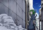  blood blood_splatter building cloud day goggles goggles_on_head green_eyes green_hair gumi highres looking_at_viewer short_hair skirt sky solo sword vocaloid weapon yamatoba 