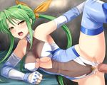  1girl artist_request blush bow censored cleavage_cutout cum cum_in_pussy ejaculation elbow_gloves fingerless_gloves gloves green_hair hair_ribbon leg_up leotard long_hair lying on_side penis ponytail pubic_hair pussy ribbon sakurai_chisato sex sweat tears thighhighs vaginal wrestle_angels wrestle_angels_survivor wrestle_angels_survivor_2 wrestling_outfit yellow_eyes 