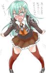  angry aqua_hair blazer blush breath check_translation full-face_blush hair_ornament hairclip jacket kantai_collection long_hair looking_at_viewer mikagami_sou open_mouth school_uniform skirt solo suzuya_(kantai_collection) sweat tears thighhighs translation_request trembling 