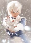  1girl cosplay dc_comics elbow_gloves fingerless_gloves gloves hair_over_one_eye ice ice_(dc) layered_clothes photo snow white_gloves white_hair 