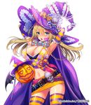  bat_wings black_wings blonde_hair blue_eyes blush bow breasts character_request cleavage embarrassed fuji_minako gloves halloween hat large_breasts long_hair navel official_art open_mouth panties pumpkin sengoku_gensoukyoku skirt skull solo striped striped_gloves striped_legwear thighhighs underwear watermark white_background white_panties wings witch_hat 
