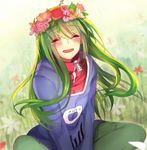  aki663 blush closed_eyes green_hair head_wreath hood hoodie kagerou_project kido_tsubomi long_hair smile solo tears 