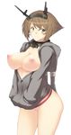  1girl antennae areolae bottomless breasts breasts_outside brown_hair collar female hair_ornament kantai_collection large_breasts mutsu_(kantai_collection) nakadori_(artist) nakadori_(movgnsk) nipples no_bra open_clothes perky_breasts shirt short_hair simple_background solo standing white_background yellow_eyes 