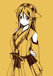  bare_shoulders blush detached_sleeves flying_sweatdrops hair_ornament hairband haruna_(kantai_collection) japanese_clothes kantai_collection kouji_(campus_life) long_hair looking_at_viewer monochrome nontraditional_miko solo yellow 