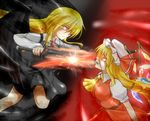  :d battle black_wings blonde_hair blouse breasts clash darkness dress duel ex-rumia flandre_scarlet hat large_breasts long_hair mob_cap multiple_girls open_mouth red_eyes rody_(hayama_yuu) rumia serious side_ponytail skirt smile sparks sword touhou vest weapon wings 