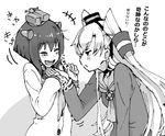  amatsukaze_(kantai_collection) bangs blush chin_tickle closed_eyes dress greyscale kantai_collection laughing long_hair monochrome multiple_girls open_mouth sailor_dress scratching short_hair smile tickling translated yanagida_fumita yukikaze_(kantai_collection) 