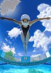  :t barefoot brown_eyes brown_hair caustics cloud competition_swimsuit day fisheye foreshortening highres holding_breath jumping kaku_choushi lane_line light_reflection_(water) looking_at_viewer midair one-piece_swimsuit original outstretched_arms pool sky solo spread_arms starting_block swim_cap swimsuit water 
