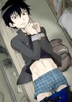  bags_under_eyes bdsm bench black_hair bondage bound bound_wrists boxers gakuran kuroki_tomoki lying male_focus male_underwear navel on_back pants_pull school_uniform shirt_lift solo sweat underwear watashi_ga_motenai_no_wa_dou_kangaetemo_omaera_ga_warui! 