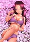  bare_shoulders breasts bustier buttons cameltoe cleavage collarbone highres jpeg_artifacts knees_up large_breasts leg_up lying momonosuke nail_polish on_back original purple purple_eyes purple_hair purple_nails skindentation smile solo unbuttoned underboob 