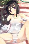  black_hair blush food long_hair looking_at_viewer one-piece_swimsuit original pool popsicle purple_eyes samegami school_swimsuit solo spread_legs sweat swimsuit water white_school_swimsuit white_swimsuit 