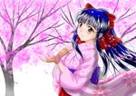  bad_id bad_pixiv_id blue_hair bow brown_eyes cherry_blossoms fingerless_gloves gloves h.i.t_(59-18-45) hair_bow japanese_clothes kimono long_hair ponytail red_bow sakura_taisen shinguuji_sakura 