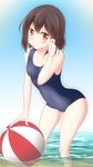  ball bangs bare_arms bare_shoulders beachball brown_hair collarbone day eyebrows_visible_through_hair highres looking_at_viewer numpopo ocean one-piece_swimsuit original outdoors red_eyes school_swimsuit short_hair solo standing swimsuit wading water 