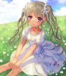  blue_eyes brown_hair cloud day dress flower fuji_minako grass hair_ribbon long_hair original ribbon sitting sky smile solo twintails 
