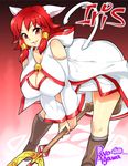  1girl agawa_ryou animal_ears bare_shoulders bent_over boots breasts cat_ears cat_tail cleavage detached_sleeves dress female hanging_breasts hood huge_breasts red_eyes red_hair skirt solo staff standing tail 